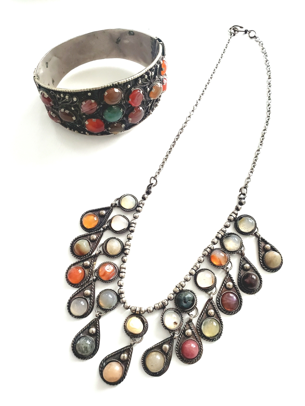 Vintage Sajai Kuchi Tribal Multi Stone Bib Necklace & Cuff Bangle Set